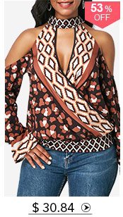 Cold Shoulder Choker Neck Mock Wrap Blouse