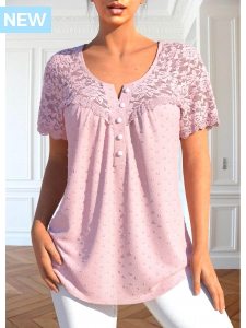 ROTITA Patchwork Light Pink Round Neck Short Sleeve Blouse