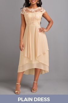 Round Neck Lace Champagne High Low Dress