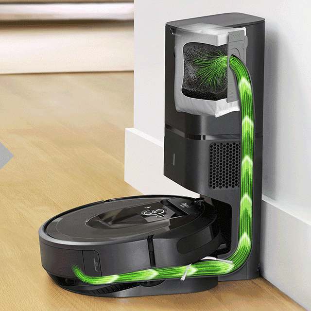 Roomba i7+ Only Clean Base Automatic Dirt Disposal holds 30 bins of dirt, dust, and hair!