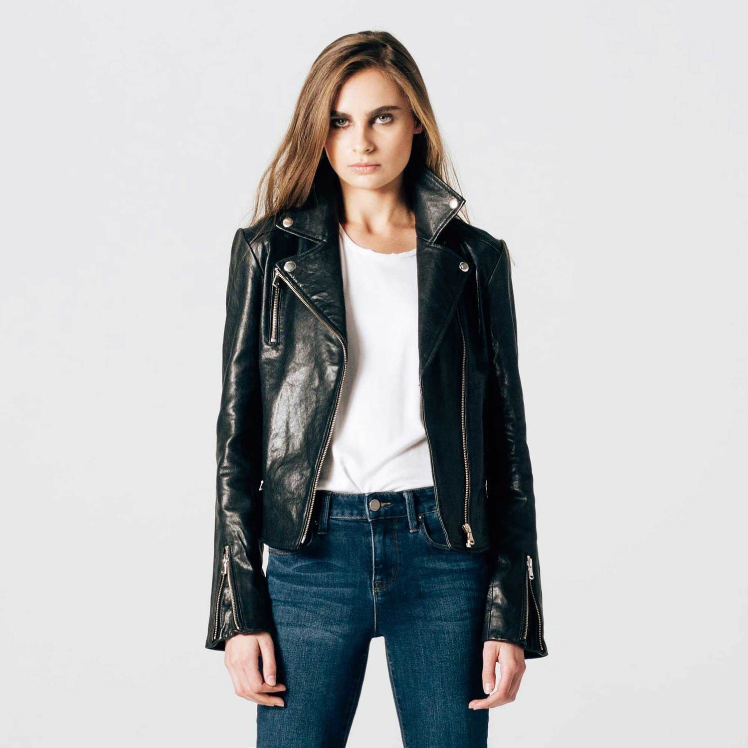 Womens Leather Moto Jacket with Silver Hardware