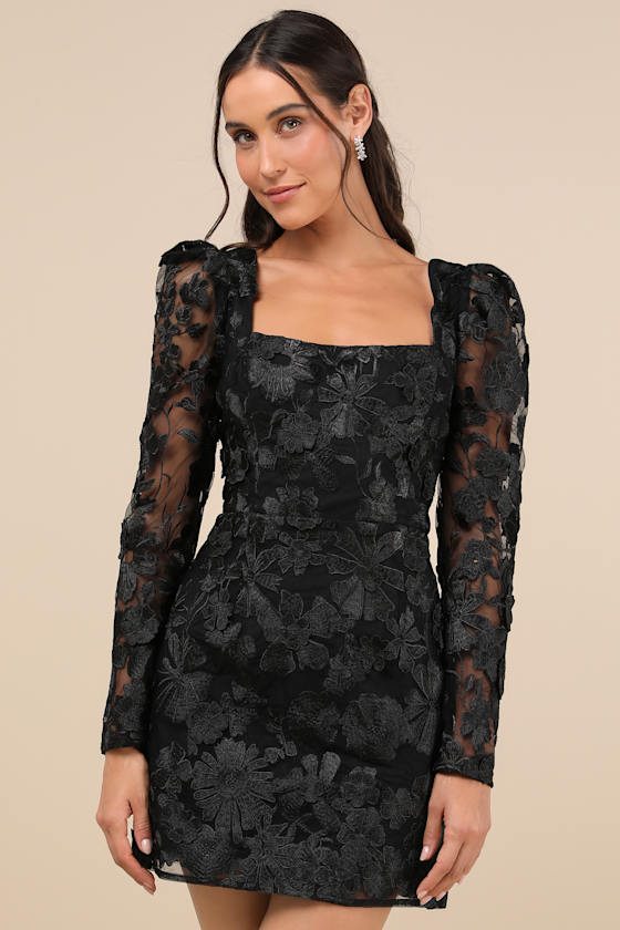 Image of Masterfully Eloquent Black 3D Floral Mini Dress