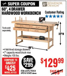 60 in. 4 Drawer Hardwood Workbench