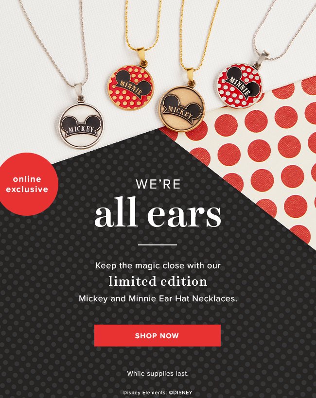 Shop limited edition Disney necklaces with Mickey and Minnie ear hat charms.