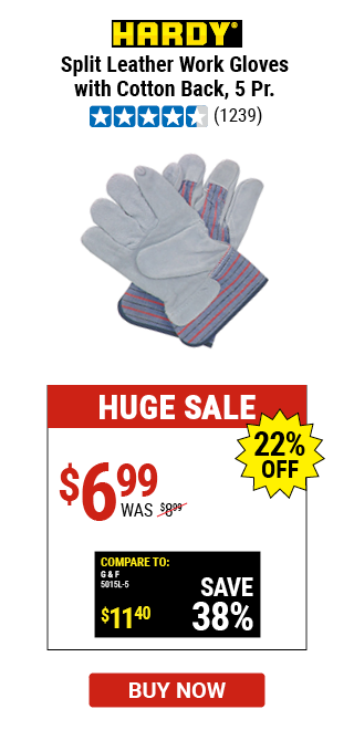 Split Leather Work Gloves with Cotton Back, 5 Pr.