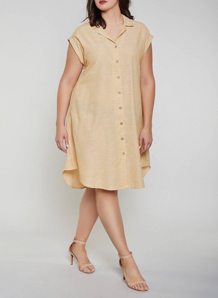 Plus Size Striped Linen Button Front Dress