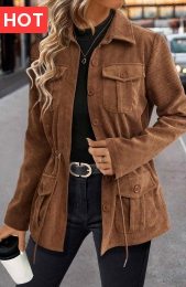 Dark Coffee Drawstring Long Sleeve Shirt Collar Coat