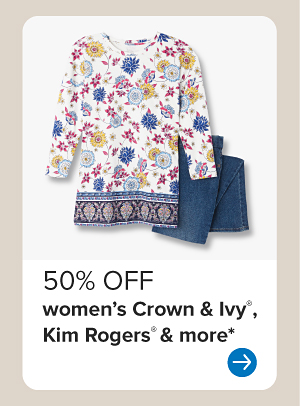 Image of a colorful blouse and blue pants. 50% off women's Crown and Ivy, Kim Rogers and more.