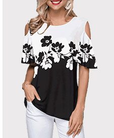 Cold Shoulder Color Block Flower Print T Shirt