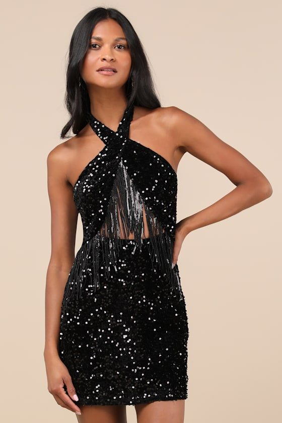 Image of Elevated Dazzle Black Velvet Sequin Fringe Halter Mini Dress