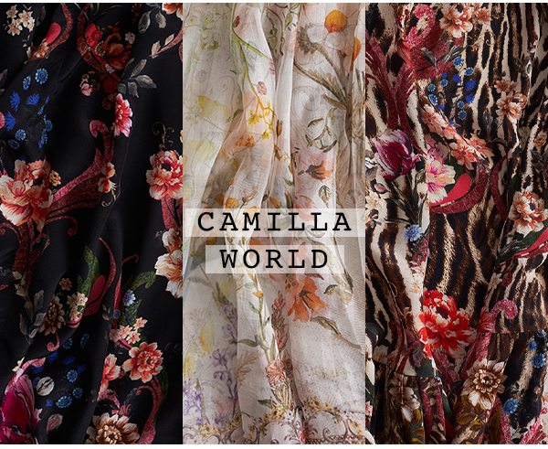 "CAMILLA WORLD" 3 patterned fabric swatches