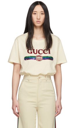 Gucci - Beige Sequin Vintage Logo T-Shirt