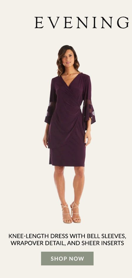 Knee-Length Dress with Bell Sleeves, Wrapover Detail, and Sheer Inserts - Petite 