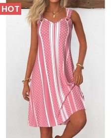 ROTITA Breathable Striped Pink A Line V Neck Sleeveless Dress