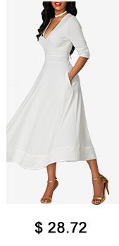 High Waist Half Sleeve V Neck White Dress