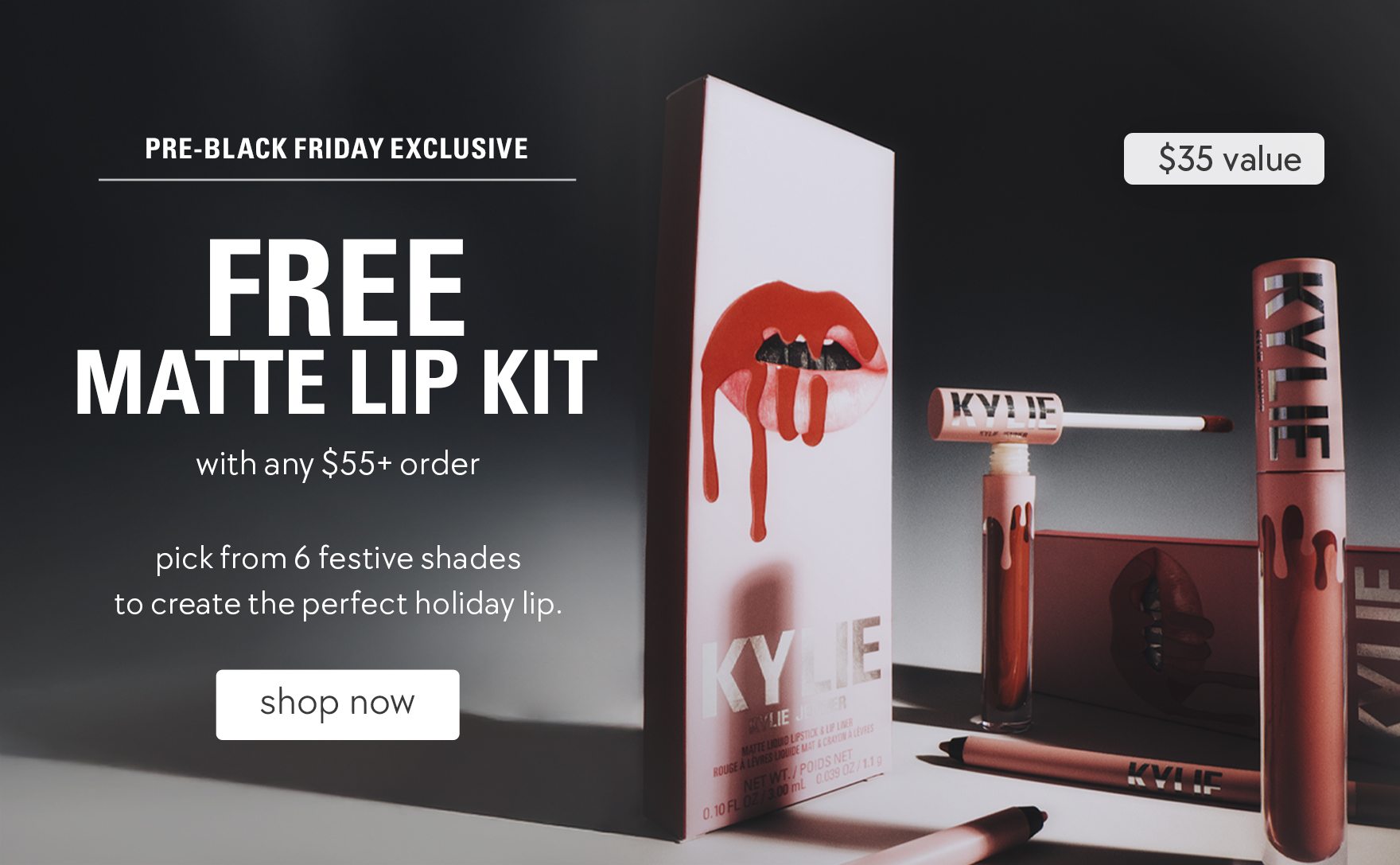 free matte lip kit with any $55+ order. shop now