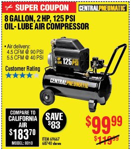  8 gal. 2 HP 125 PSI Oil Lube Air Compressor