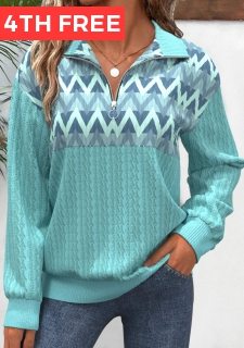 Mint Green Zipper Geometric Print Long Sleeve Sweatshirt