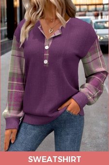 ROTITA Button Plaid Purple Split Neck Long Sleeve Sweatshirt