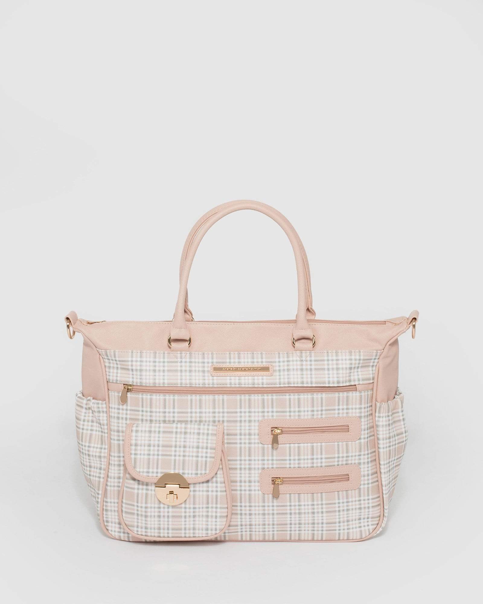 Image of Pink Check Pu Pocket And Zip Baby Bag