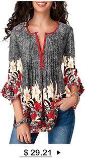 Printed Button Up Pleated Three Quarter Sleeve Blouse