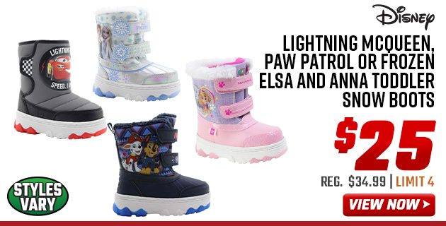 Disney Lightning McQueen, Paw Patrol or Frozen Elsa and Anna Toddler Snow Boots