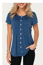 Button Up Crinkle Chest Navy Blue T Shirt