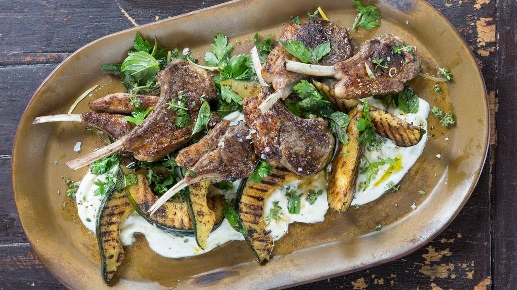 Grilled Lamb Chops and Squash with Herb Salad and Sunchokes