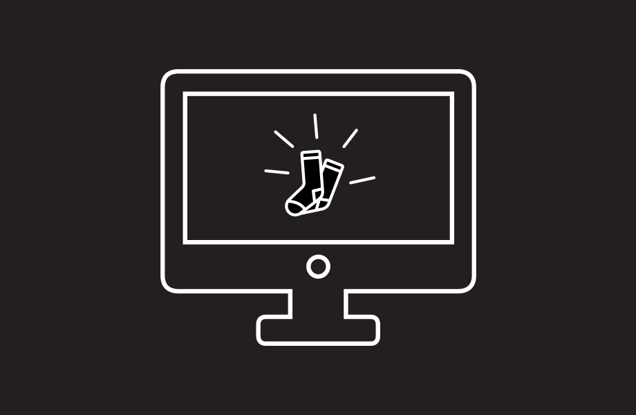 Adorable icon of a desktop computer with an icon of socks on the screen. The socks look joyous.