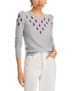 Aqua Cashmere Puff Sleeve Embroidered Floral Cashmere Sweater - Exclusive