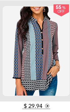 Button Detail Split Neck Printed Blouse