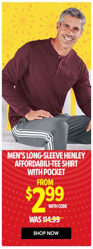 Men's Long-Sleeve Henley Afforabili-Tee Shirt with Pocket FROM $2.99 with code WAS $14.97