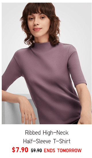 RIBBED HIGH-NECK HALF-SLEEVE T-SHIRT - SHOP WOMEN