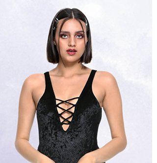 Black Velvet Lace Up Swimsuit