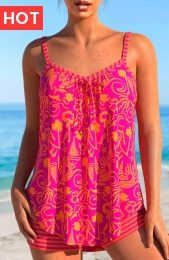 Bowknot Graffiti Print Hot Pink Tankini Set