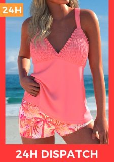 Smocked Tropical Plants Print Coral Tankini Set