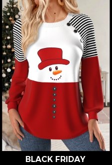 ROTITA Christmas Patchwork Snowman Print Multi Color Round Neck Sweatshirt