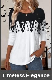 Halloween White Button Long Sleeve Round Neck T Shirt