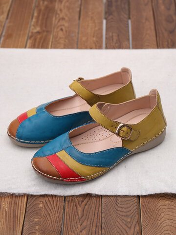 Color Splicing Slip Resistant Buckle Flat Shoes
