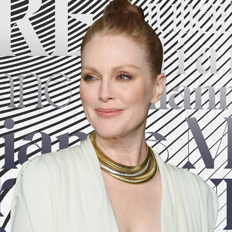 Julianne Moore slick hair, pastel lips