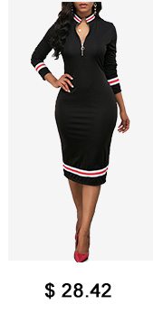 Striped Hem Zipper Front Black Sheath Dress