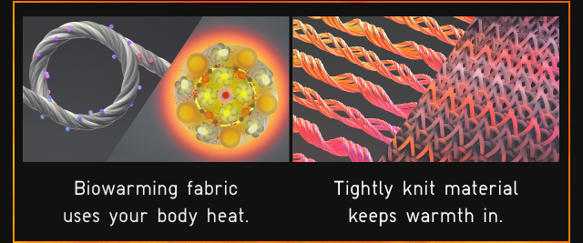 BIOWARMING FABRIC USES YOUR BODY HEAT.