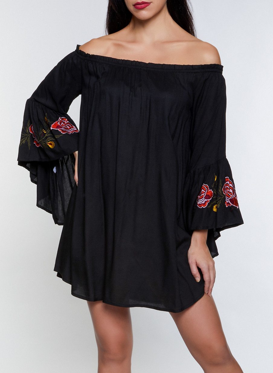 Embroidered Bell Sleeve Off the Shoulder Dress