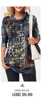 Christmas Print Cowl Neck Faux Two Piece T Shirt