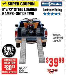 1000 lbs. Capacity 9 in. x 72 in. Steel Loading Ramps, Set of Two