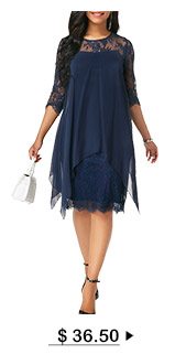 Three Quarter Sleeve Chiffon Overlay Navy Lace Dress