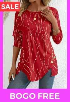 Red Button Geometric Print Long Sleeve T Shirt