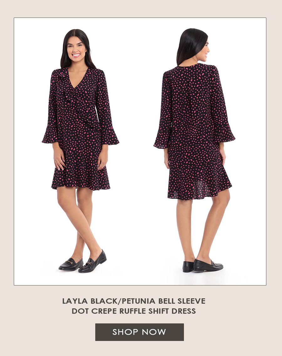 Layla Black/Petunia Bell Sleeve Dot Crepe Ruffle Shift Dress 