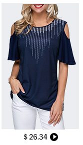 Round Neck Cold Shoulder Navy Blue T Shirt