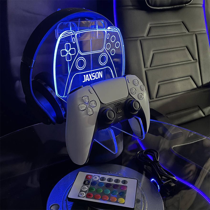 Neon Blue Games Controller And Headset Stand
